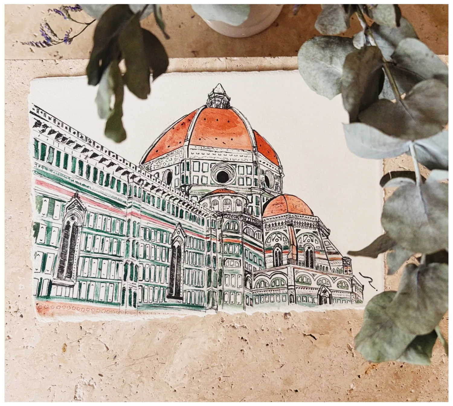 Le Duomo, Florence — Encre aquarellée de Raphaël Longo, 28 × 38 cm