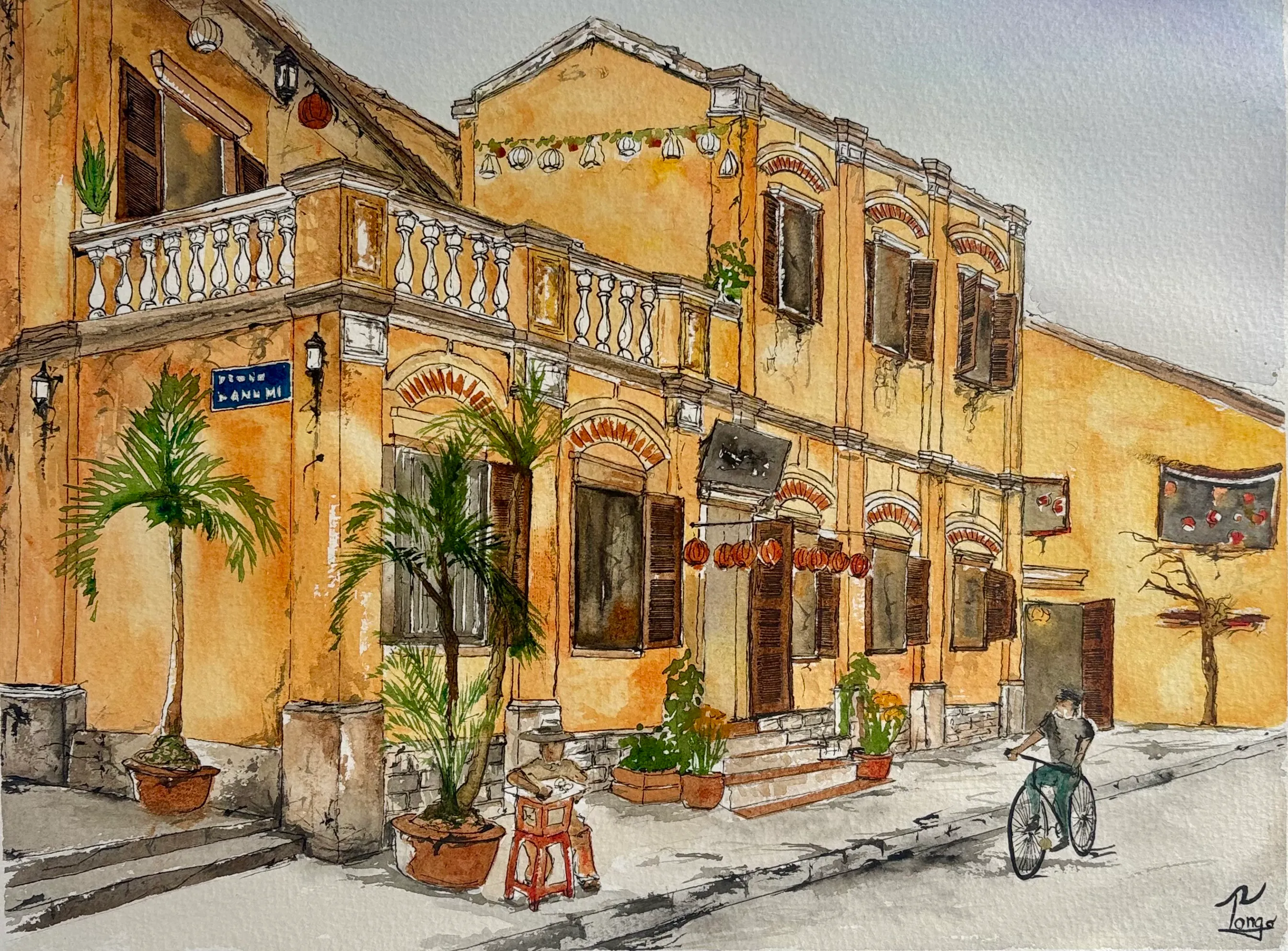 Rue jaune, Hoi An — Aquarelle & encre, 40 × 30 cm