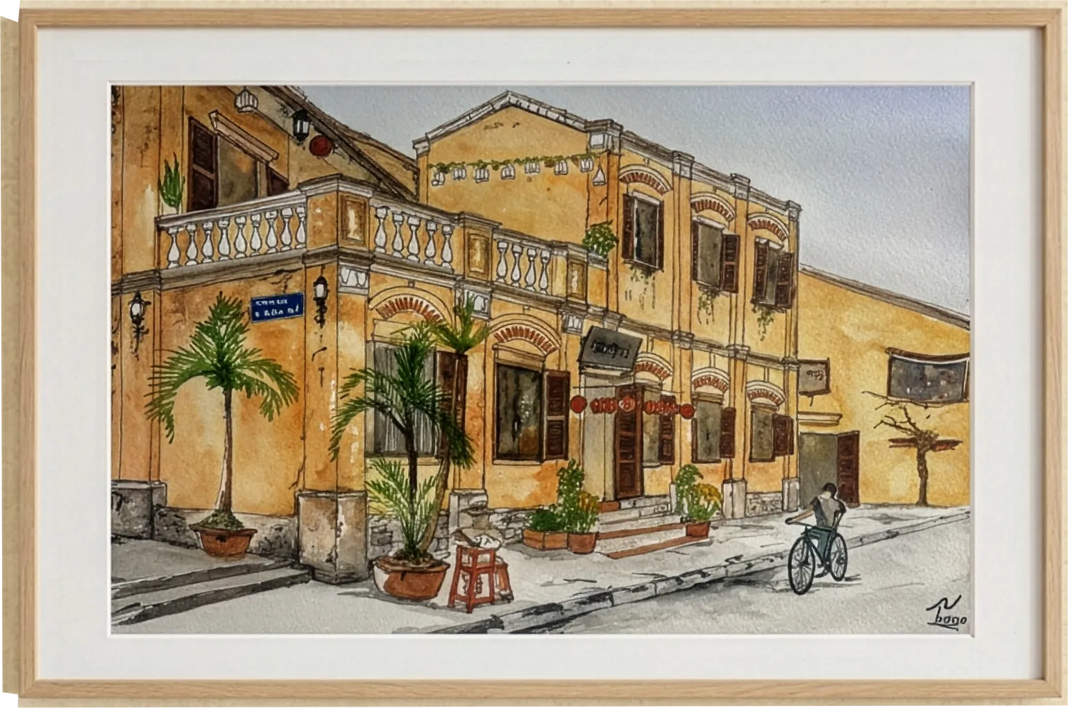 Rue jaune, Hoi An — Aquarelle & encre de Raphaël Longo, 40 × 27 cm