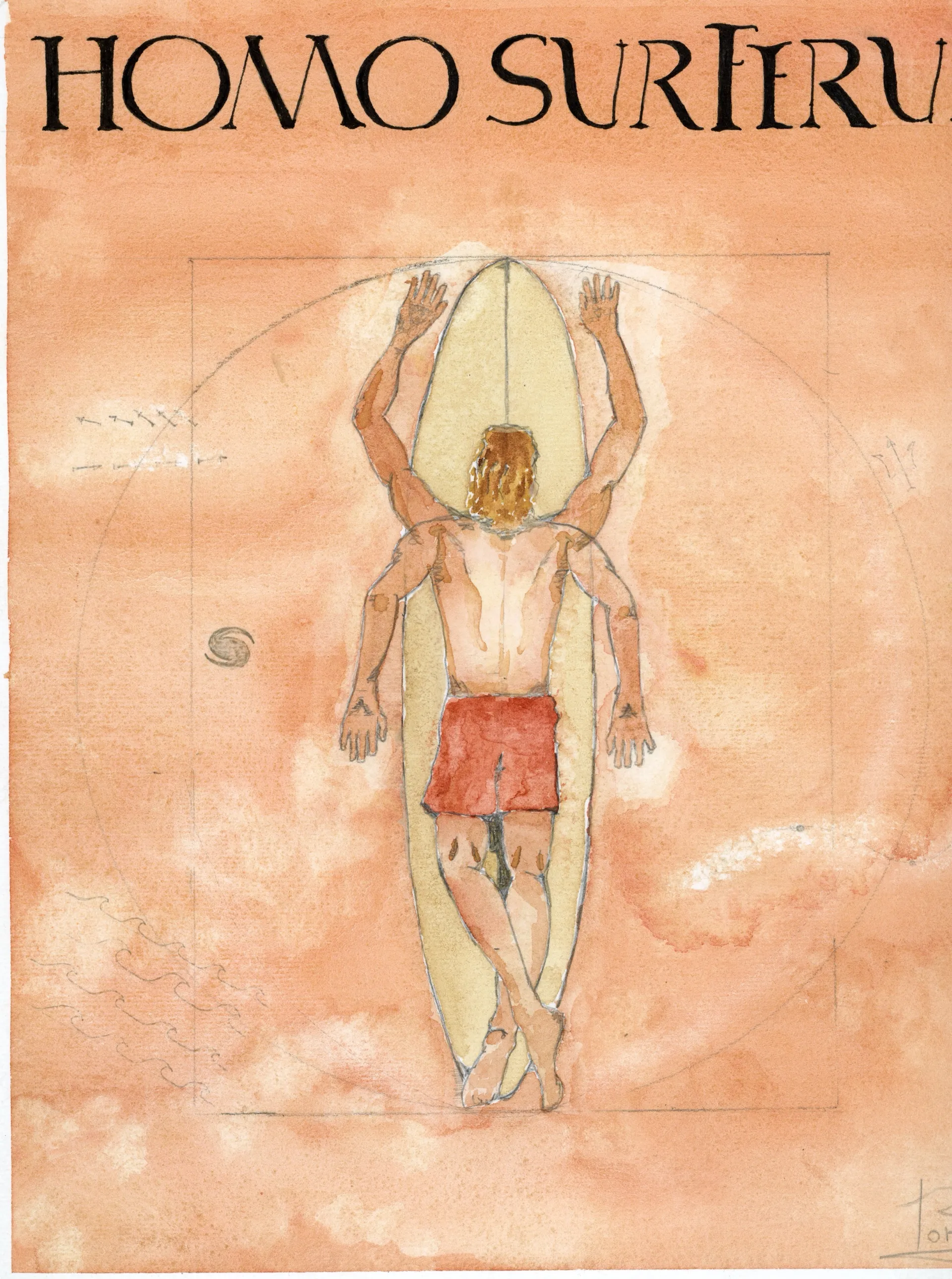 Homo surferus — Aquarelle & encre de Raphaël Longo, 24 × 30 cm