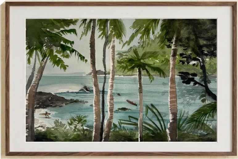 Lagon derrière les palmes — Aquarelle de Raphaël Longo, 36 × 48 cm