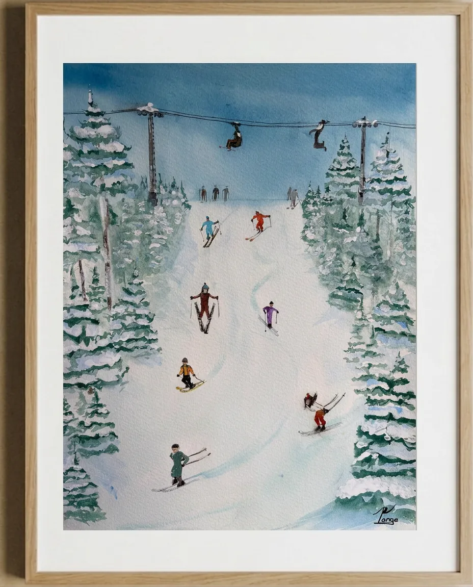 Descente entre sapins — Aquarelle & encre de Raphaël Longo, 30 × 40 cm