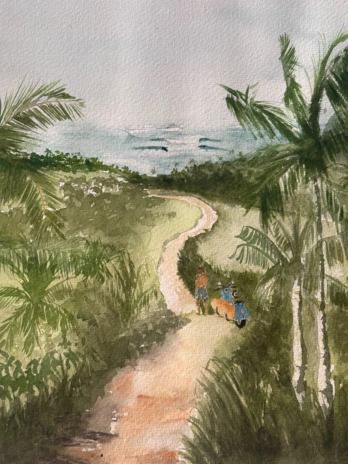 Aquarelle d'un sentier descendant vers l'océan, par Raphaël Longo