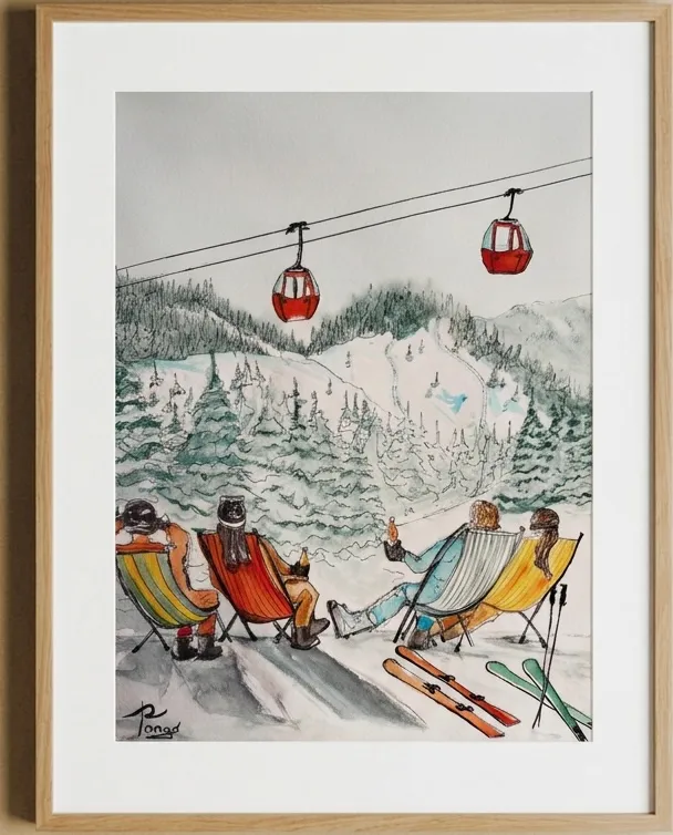 Le téléphérique — Aquarelle & encre de Raphaël Longo, 30 × 40 cm
