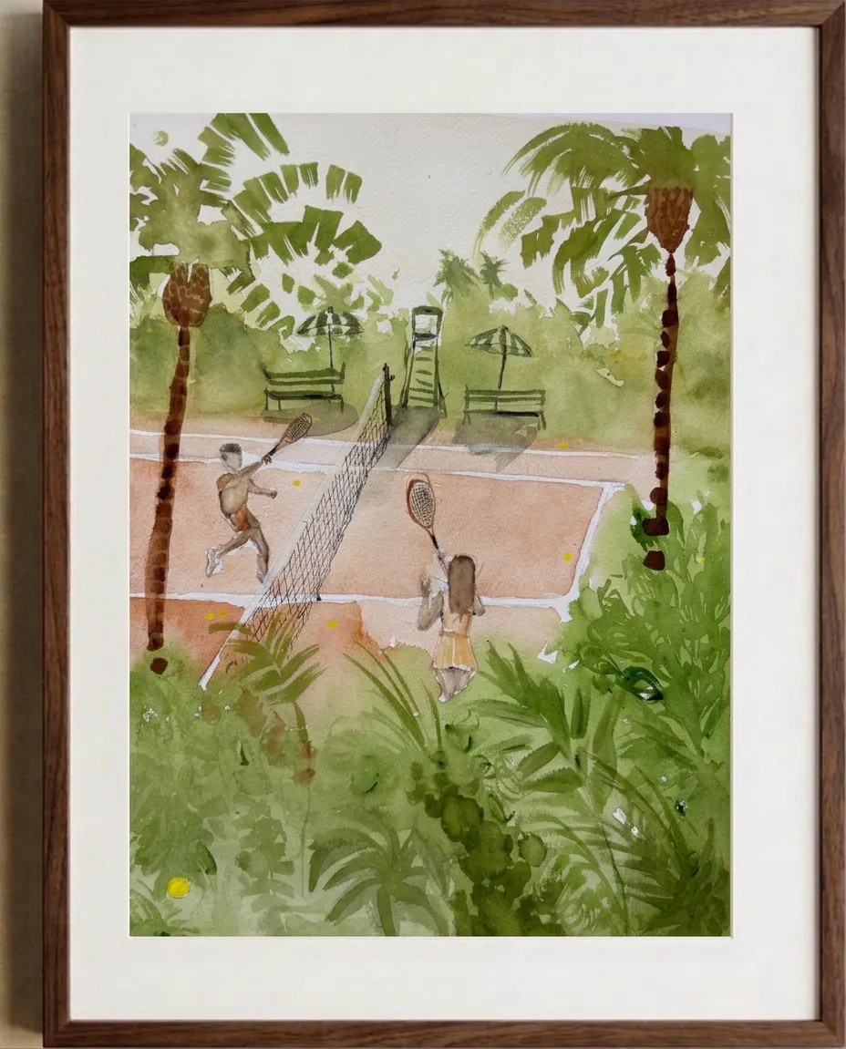 Tennis sous les palmes — Aquarelle de Raphaël Longo, 28 × 38 cm