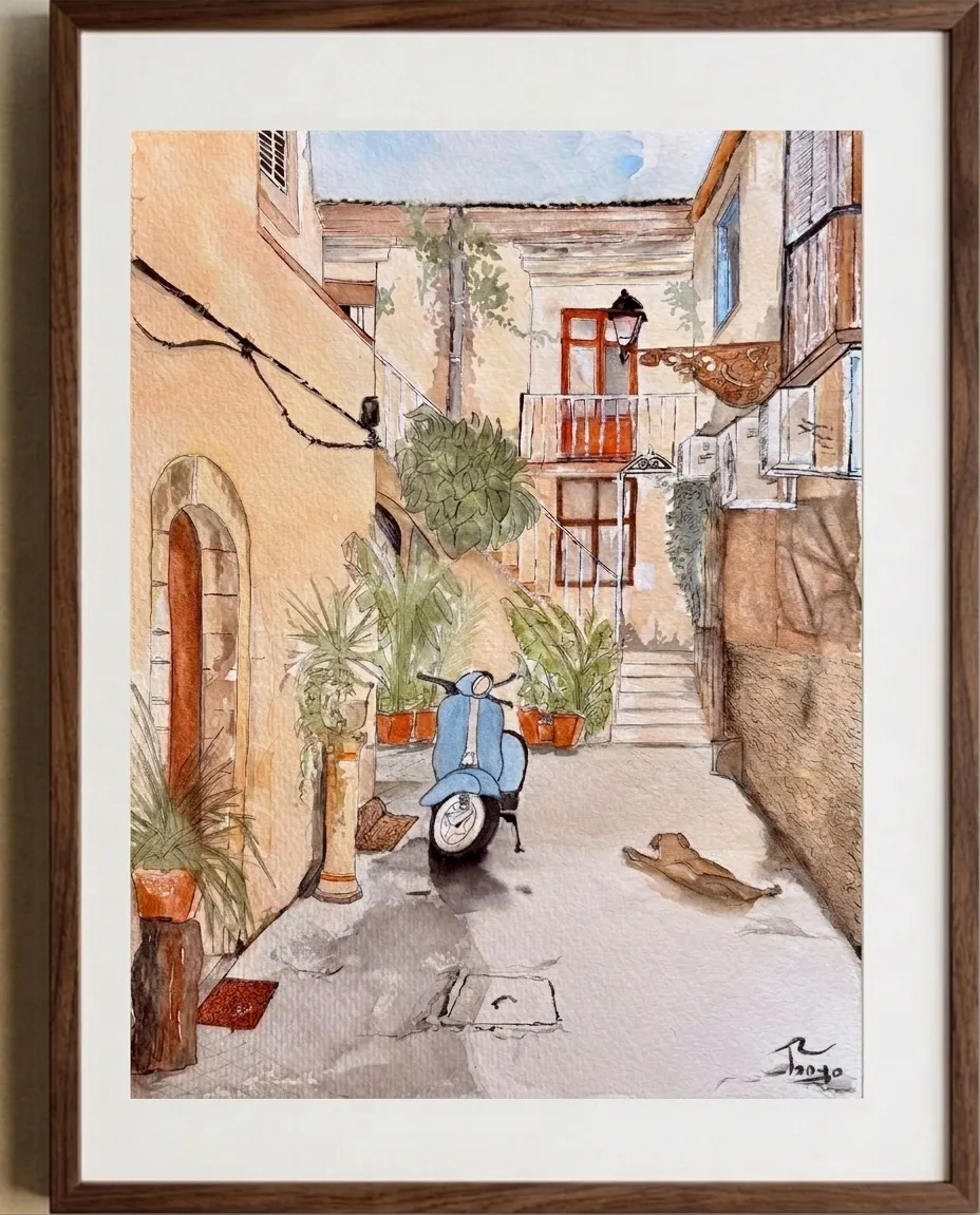 Ruelle à la Vespa — Aquarelle & encre de Raphaël Longo, 30 × 40 cm